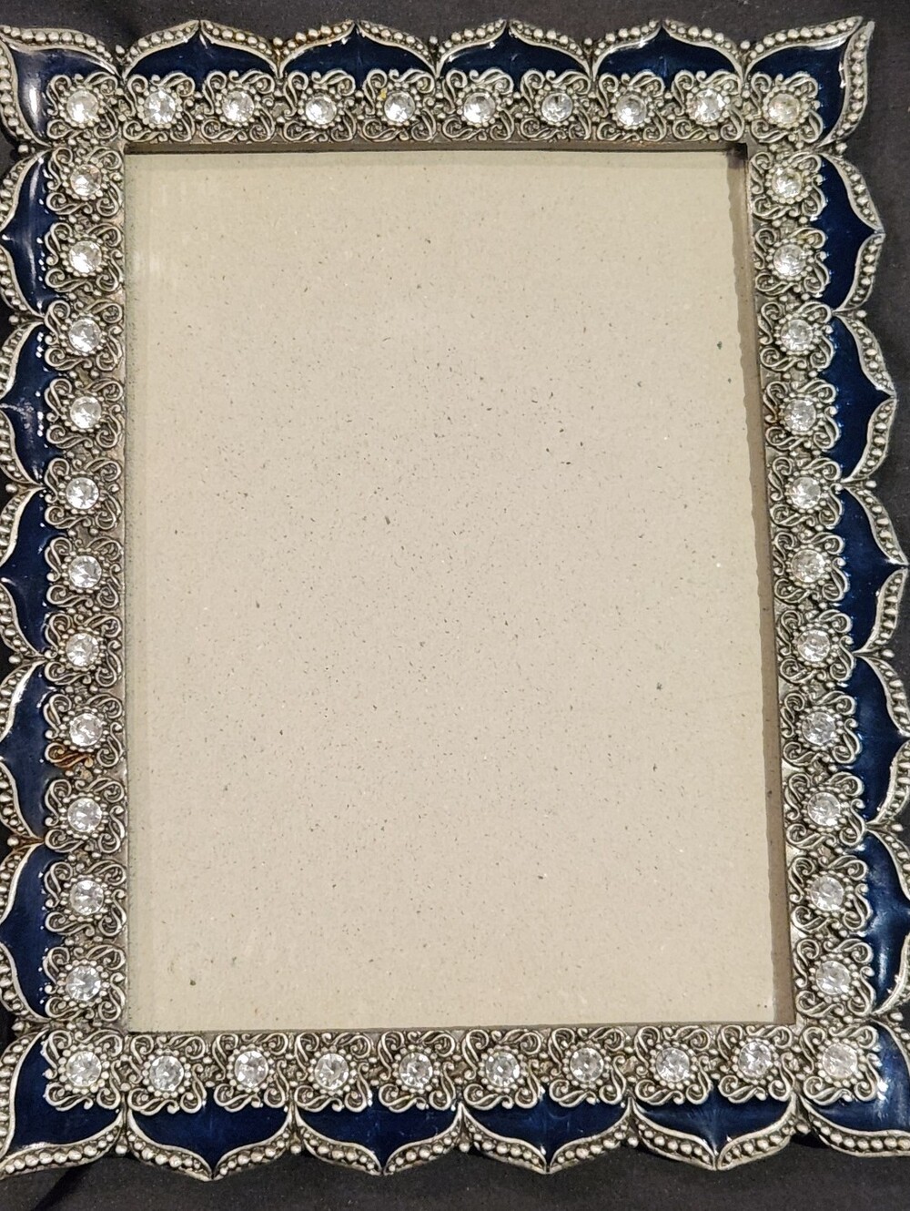 Ornate Silvertone Blue Enamel Rhinestone Picture Frame 5 X 7 Hollywood Regency